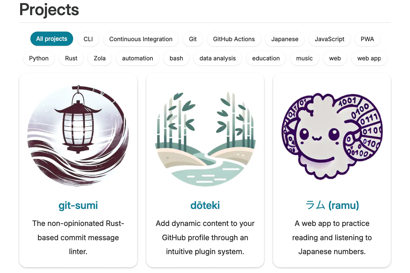 Projects page with tag filter