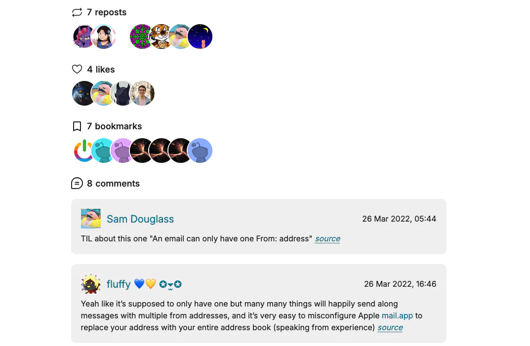 Webmentions screenshot showing reposts, likes, bookmarks, and comments